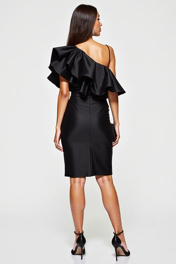 Ruffled Satin Bodycon Black Cocktail Dress